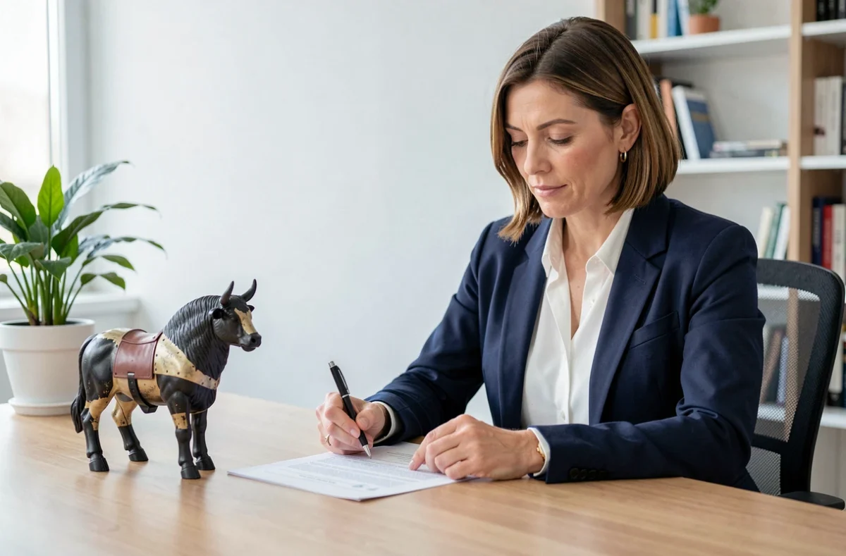 Femme en veste marine signant un contrat de location de taureau mécanique dans un bureau moderne avec documents d'assurance sur la table