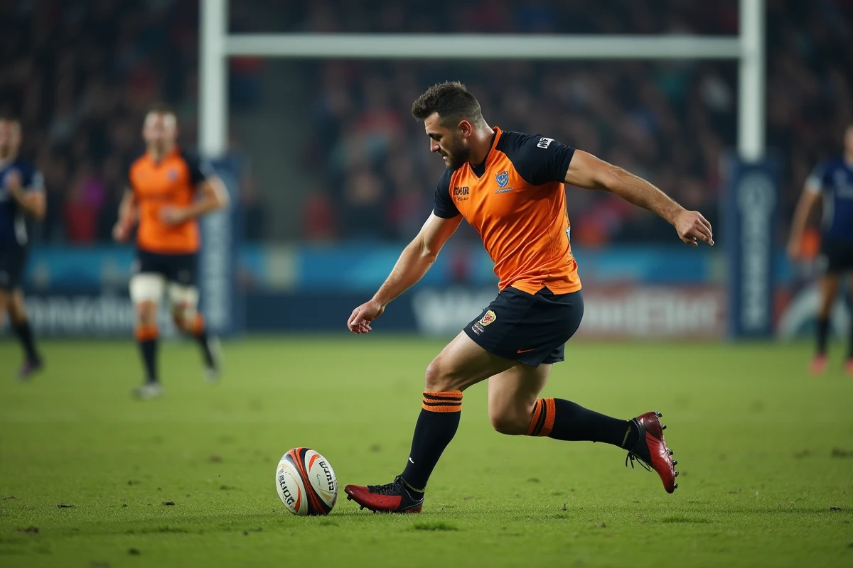 Joueur de rugby Fédérale 2 en train de tirer une pénalité lors d'un match du week-end