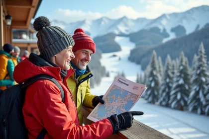Couple souriant en ski à Les Arcs 1800 avec paysage enneige et forêt