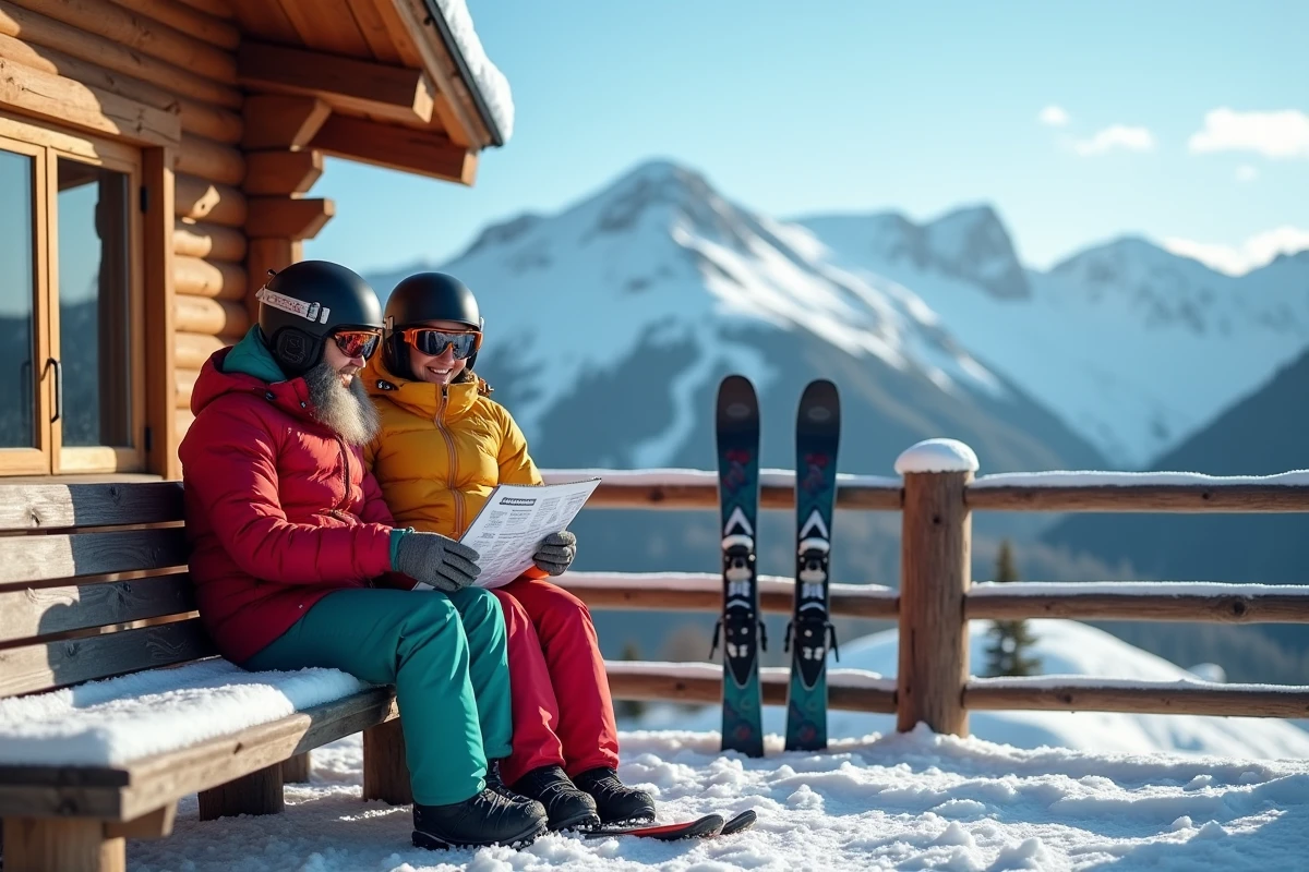 Couple de skieurs consultant les prix des forfaits sur smartphone en terrasse à Tignes