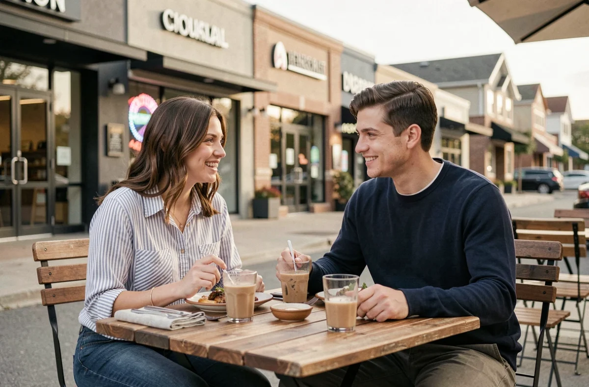 Couple en terrasse de café à proximité du Planet Bowling de Lomme pour une pause repas
