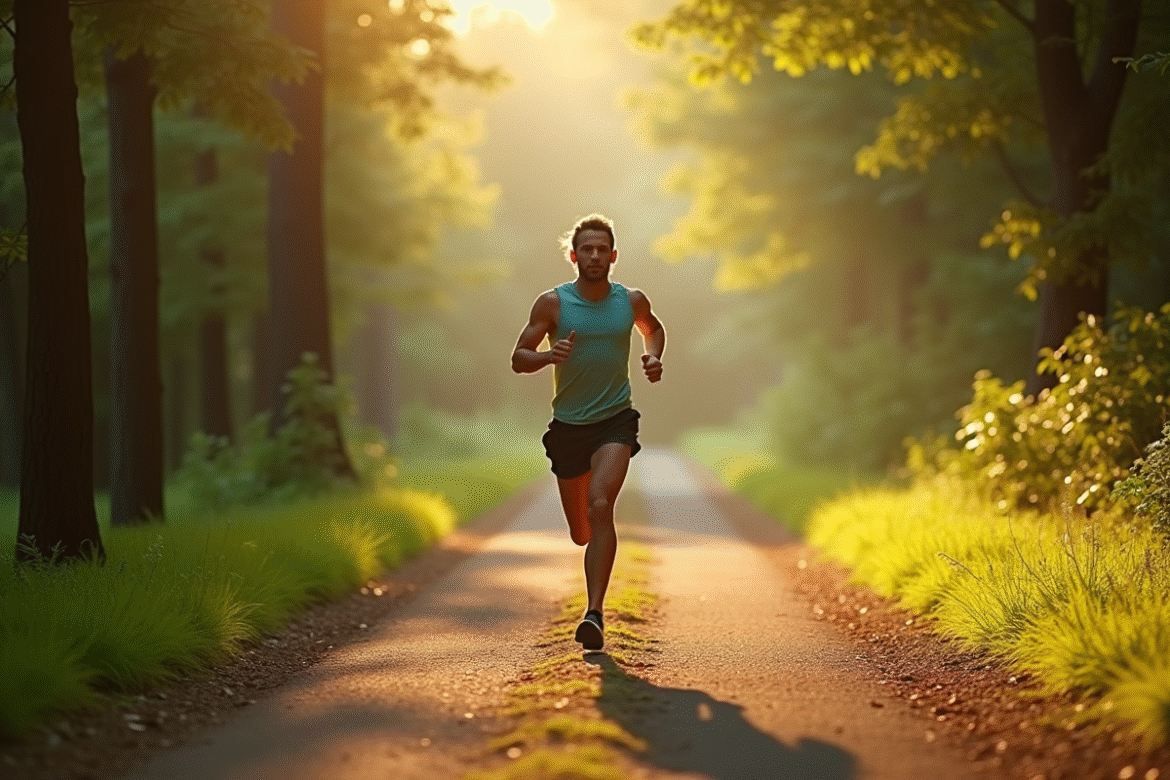Coureur déterminé dans la forêt ensoleillée pour l article