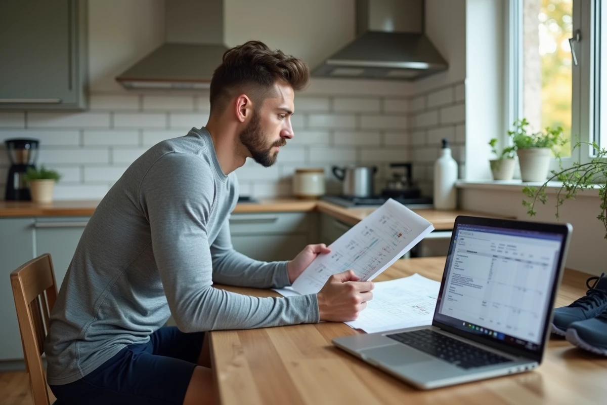 Coureur planifiant son entraînement running avec un plan de séance et un calculateur d'allure sur ordinateur