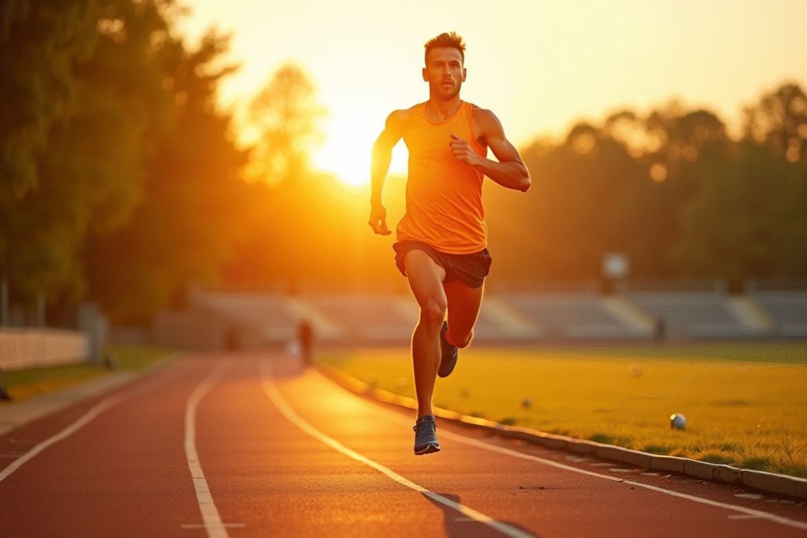 Coureur déterminé sprintant au lever du soleil sur une piste extérieure
