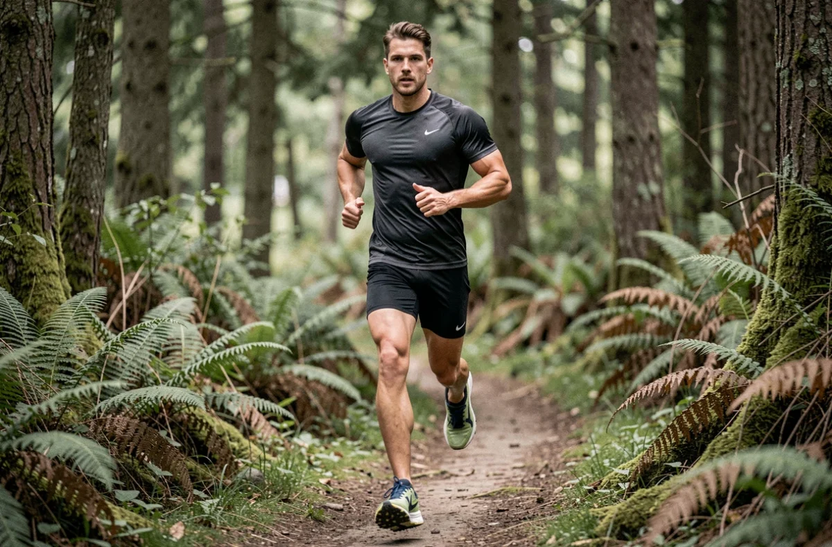 Coureur de trail masculin en action sur sentier forestier portant des chaussures Hoka Speedgoat 6 avec foulée dynamique et détails techniques visibles