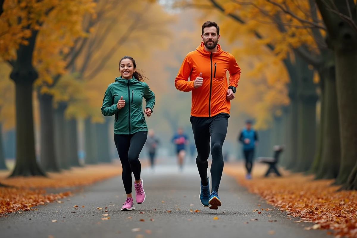 Deux coureurs discutant de leurs allures d'entraînement sur un chemin de parc en automne