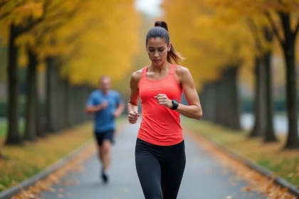 Coureuse consultant sa montre GPS pendant un entraînement running en parc urbain à l'automne