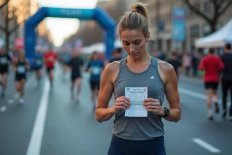 Coureuse consultant son tableau d'allures avant un semi-marathon en ville