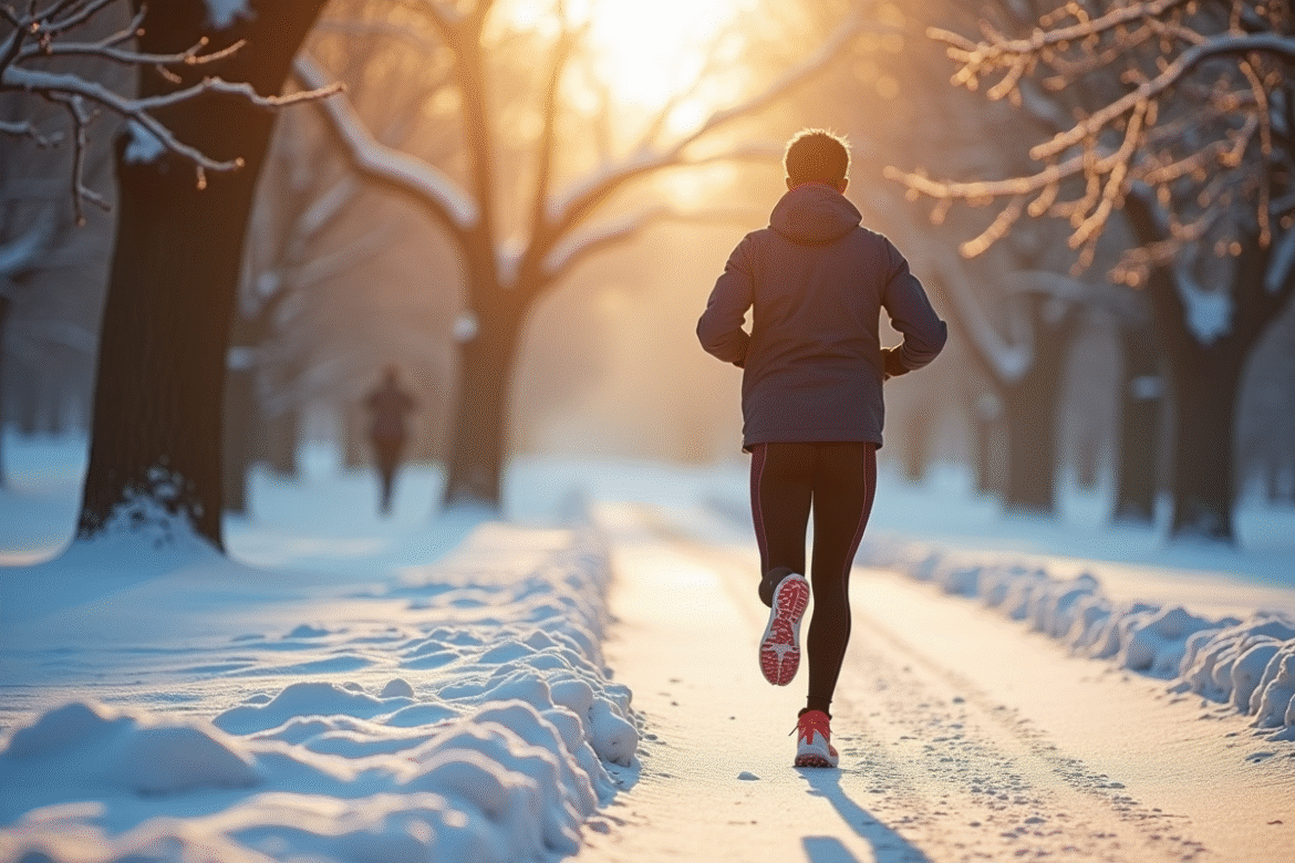 Coureur en hiver dans la neige avec veste chaude