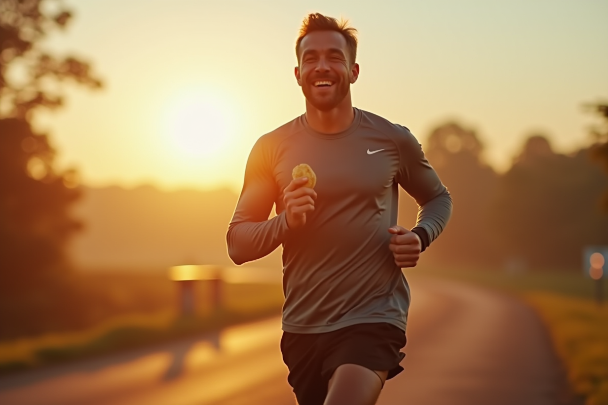Personne sportive courant en nature avec pain aux raisins