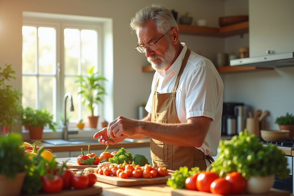 Homme de 50 ans préparant un repas sain et coloré
