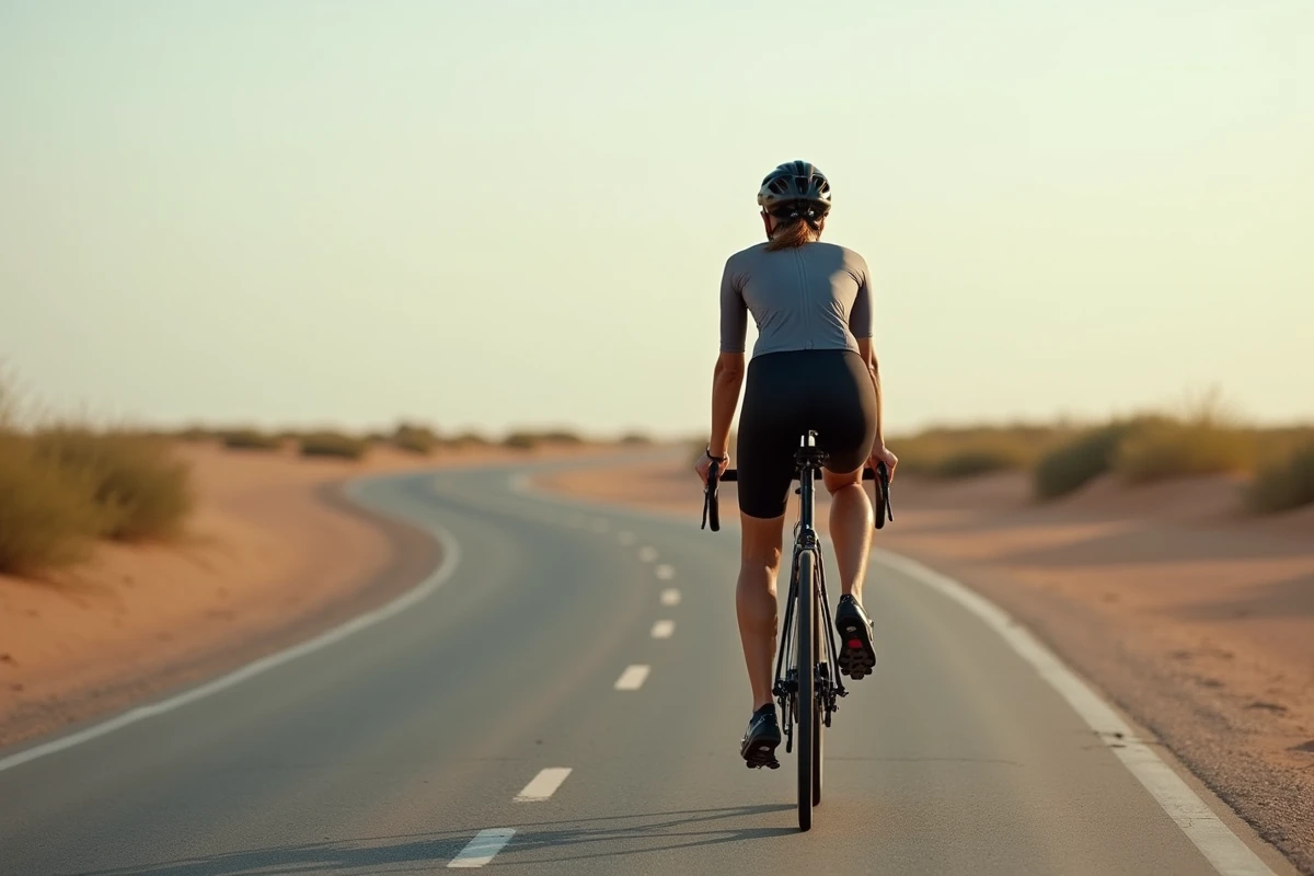 Femme en entraînement sur route désertique avec vélo