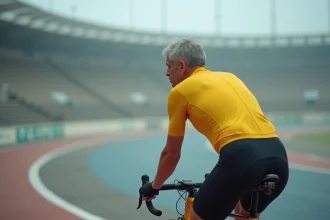 Cycliste professionnel en maillot jaune assis sur son vélo de course au bord d'un vélodrome vide, regard méditatif sur la piste