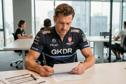 Cycliste professionnel en discussion contractuelle lors du mercato cyclisme 2026 dans un bureau d'agence sportive moderne