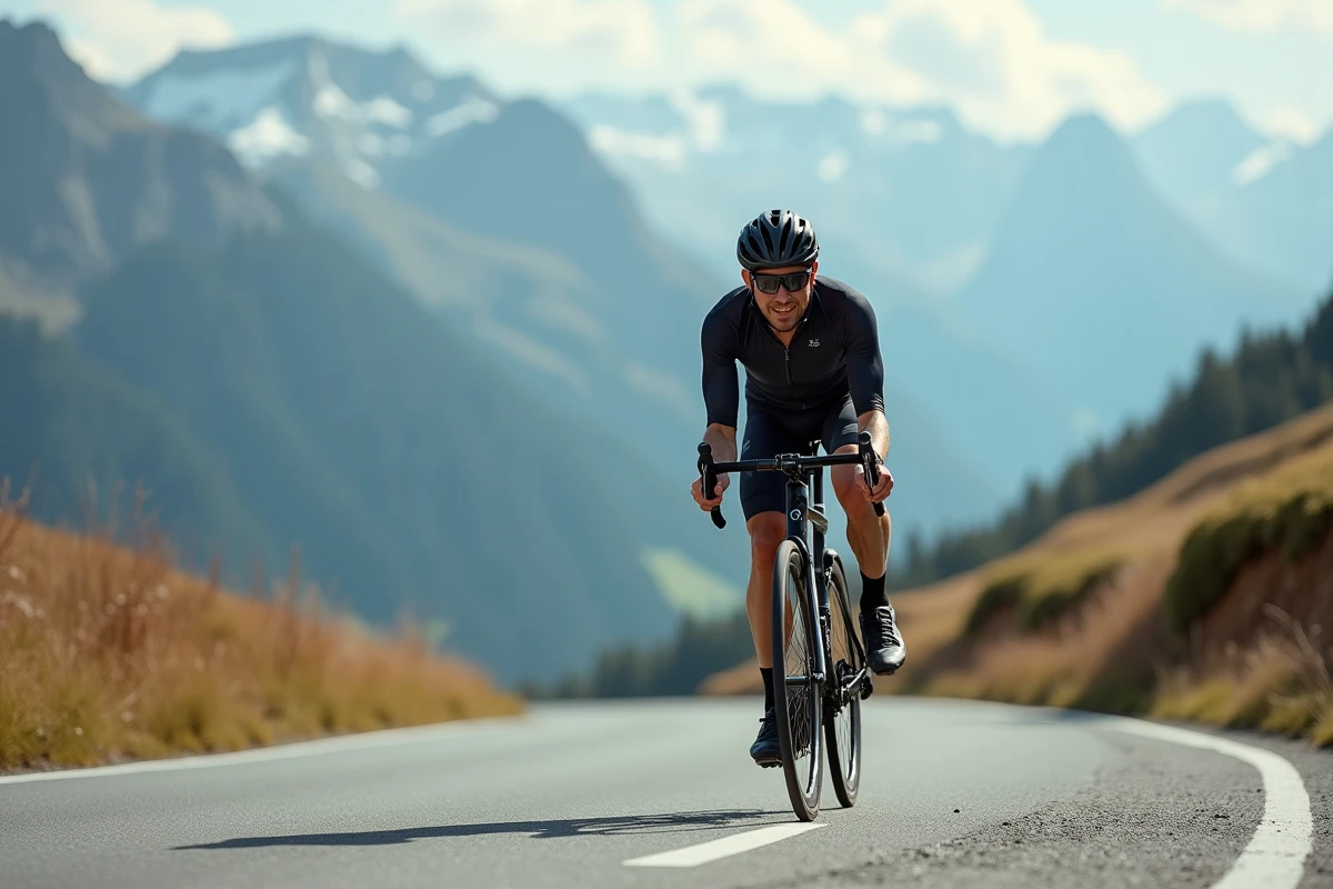 Cycliste en tenue Van Rysel pédalant sur une route alpine avec un vélo RCR équipé du groupe SRAM, vue en action en montagne