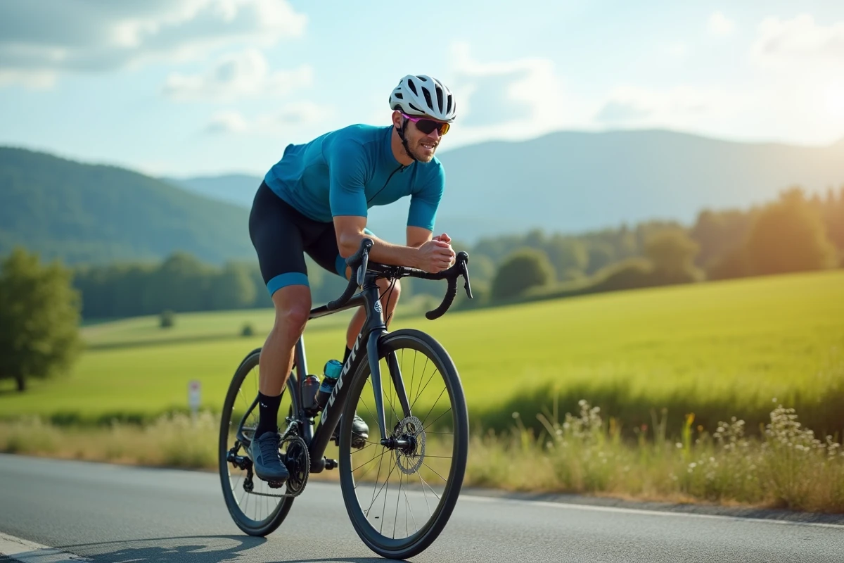 Cycliste homme en pleine vitesse sur route rurale en été