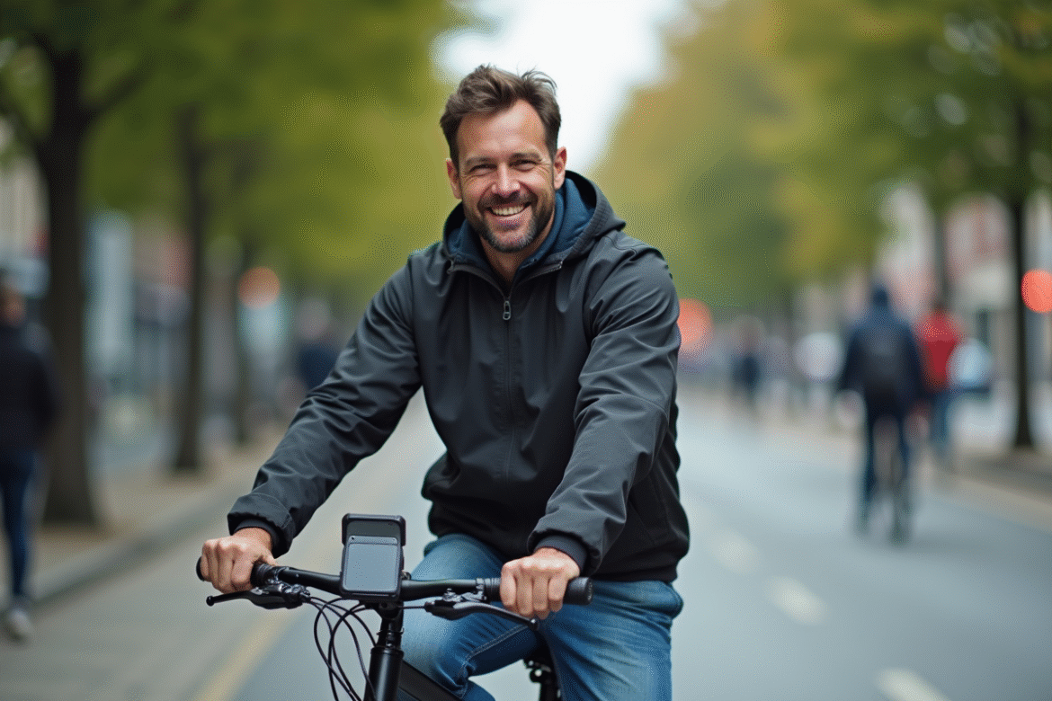 Cycliste urbain avec smartphone monté sur guidon
