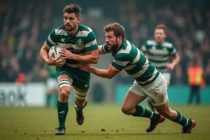 Deux joueurs de rugby amateur en plein duel lors d'un derby de Fédérale 2, plaquage intense sur pelouse naturelle