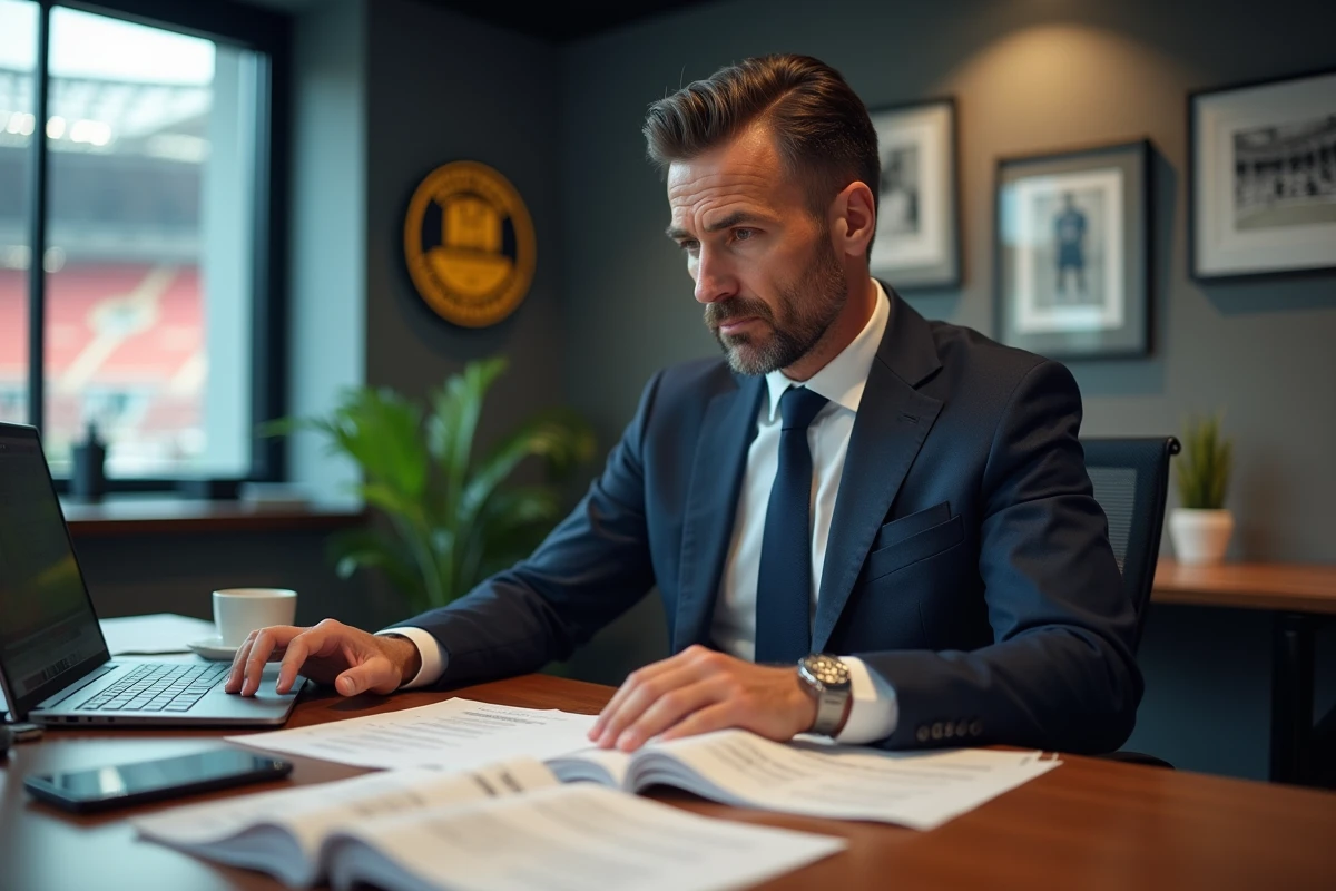 Directeur sportif du FC Nantes analysant des documents de transfert dans un bureau du club pour le mercato 2026