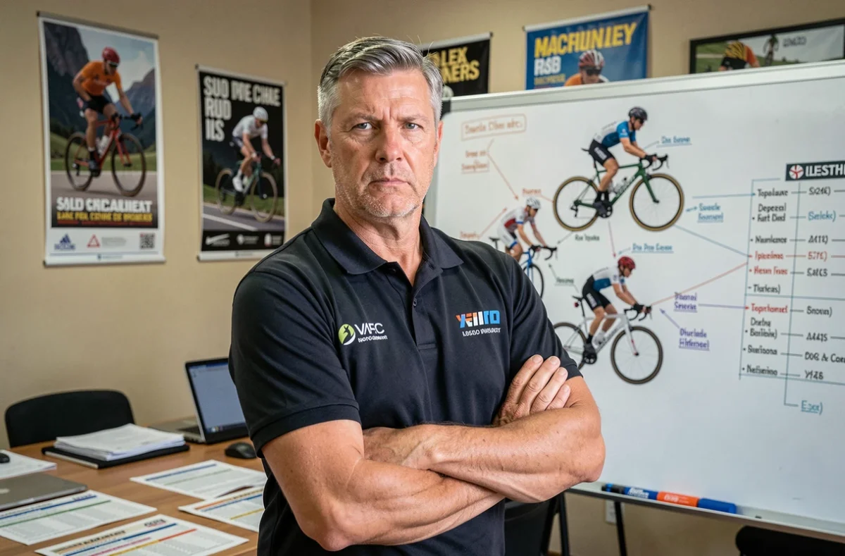 Directeur sportif de cyclisme analysant les transferts du mercato 2026 devant un tableau tactique dans une salle de briefing d'équipe