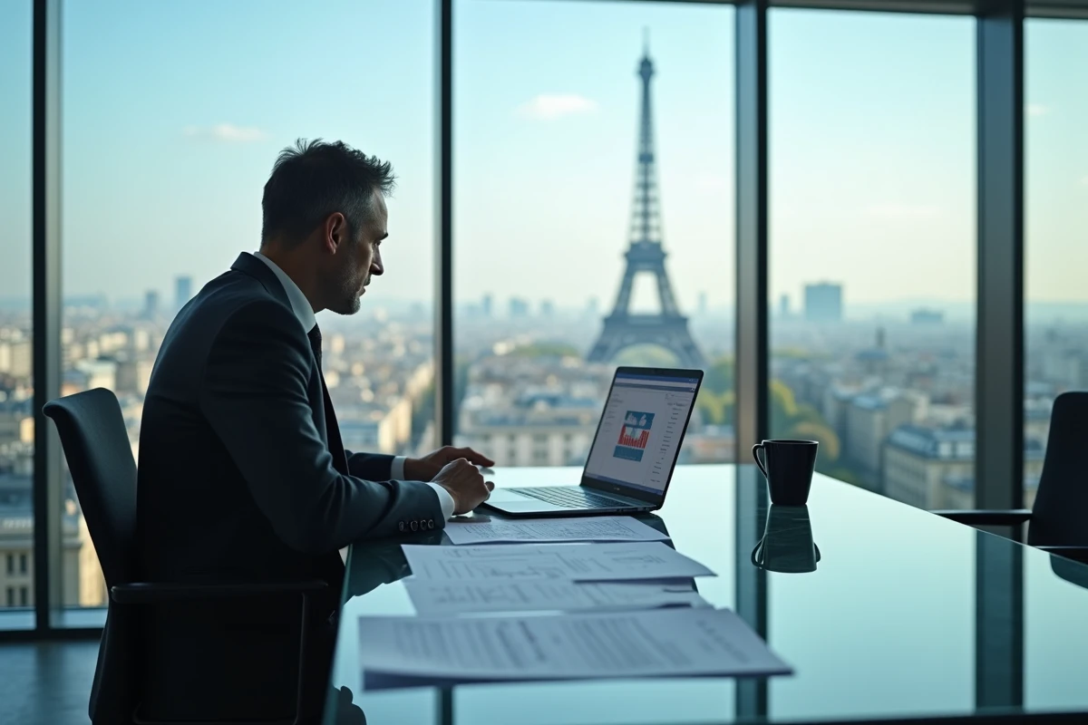 Directeur sportif du PSG examinant les contrats de joueurs dans un bureau moderne à Paris