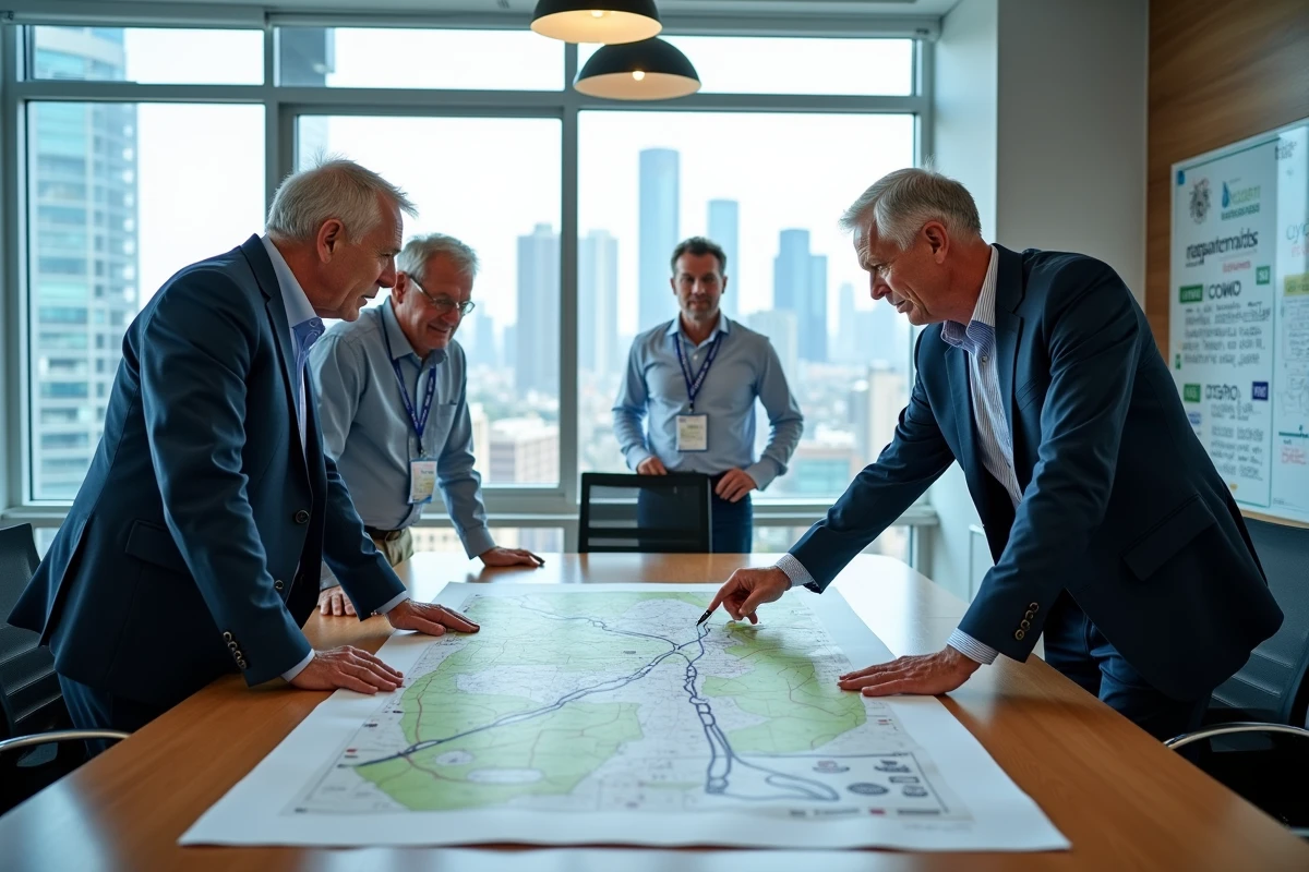 Directeurs de course cycliste en réunion autour d'une carte de parcours, discutant de la logistique et des enjeux d'organisation