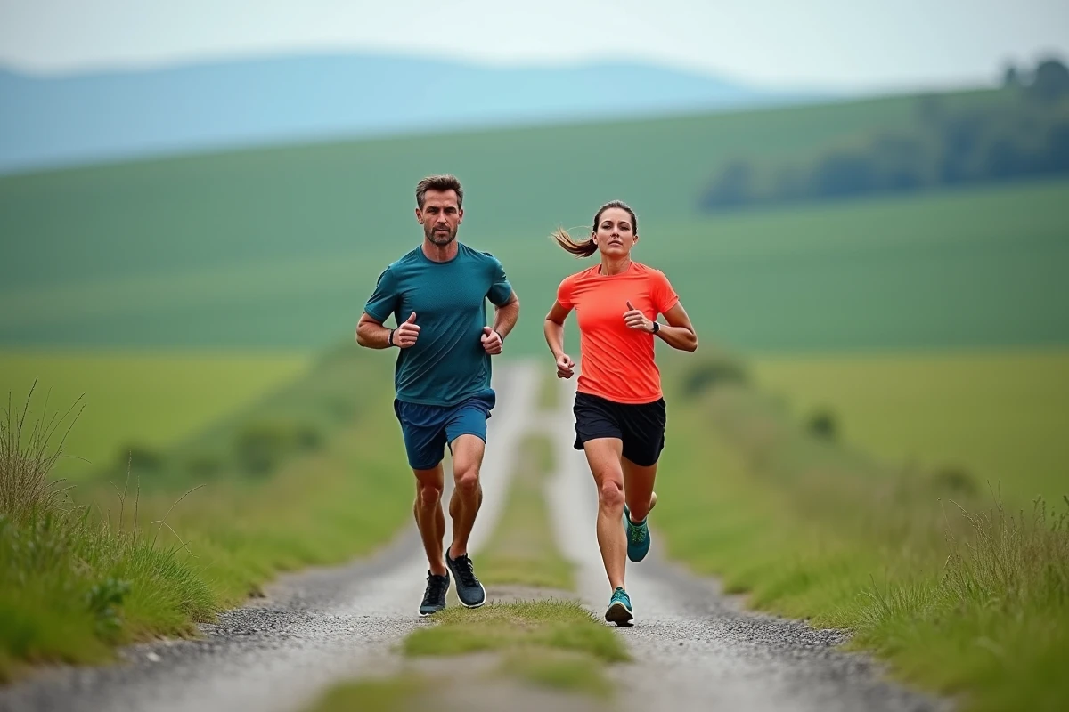 Deux coureurs s'entraînant ensemble sur un chemin rural en travaillant leur allure en min/km