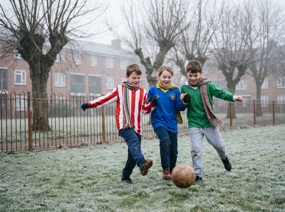 Enfants jouant au football dans un parc urbain pendant les vacances de février, portant des maillots colorés et des écharpes