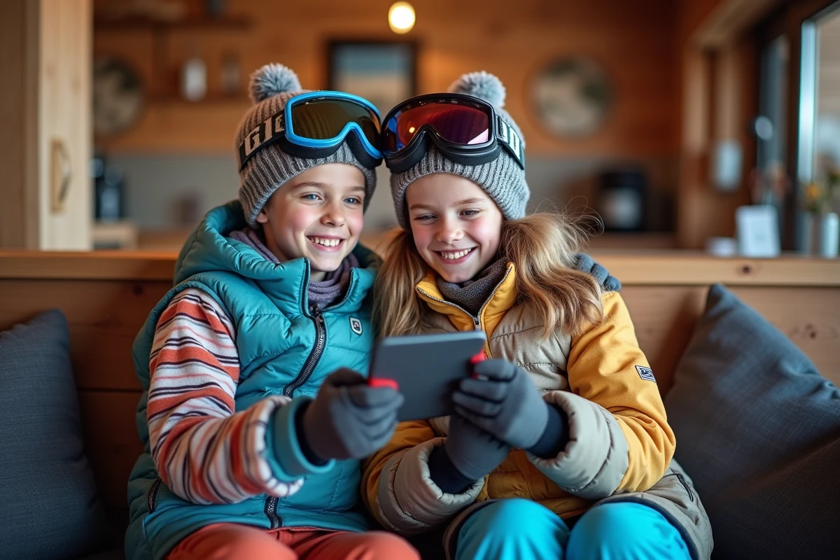 Enfants heureux en ski dans un lodge à Les Arcs 1800