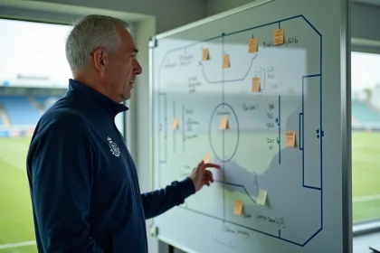 Entraîneur du PSG analysant les contrats de joueurs sur un tableau tactique en 2026