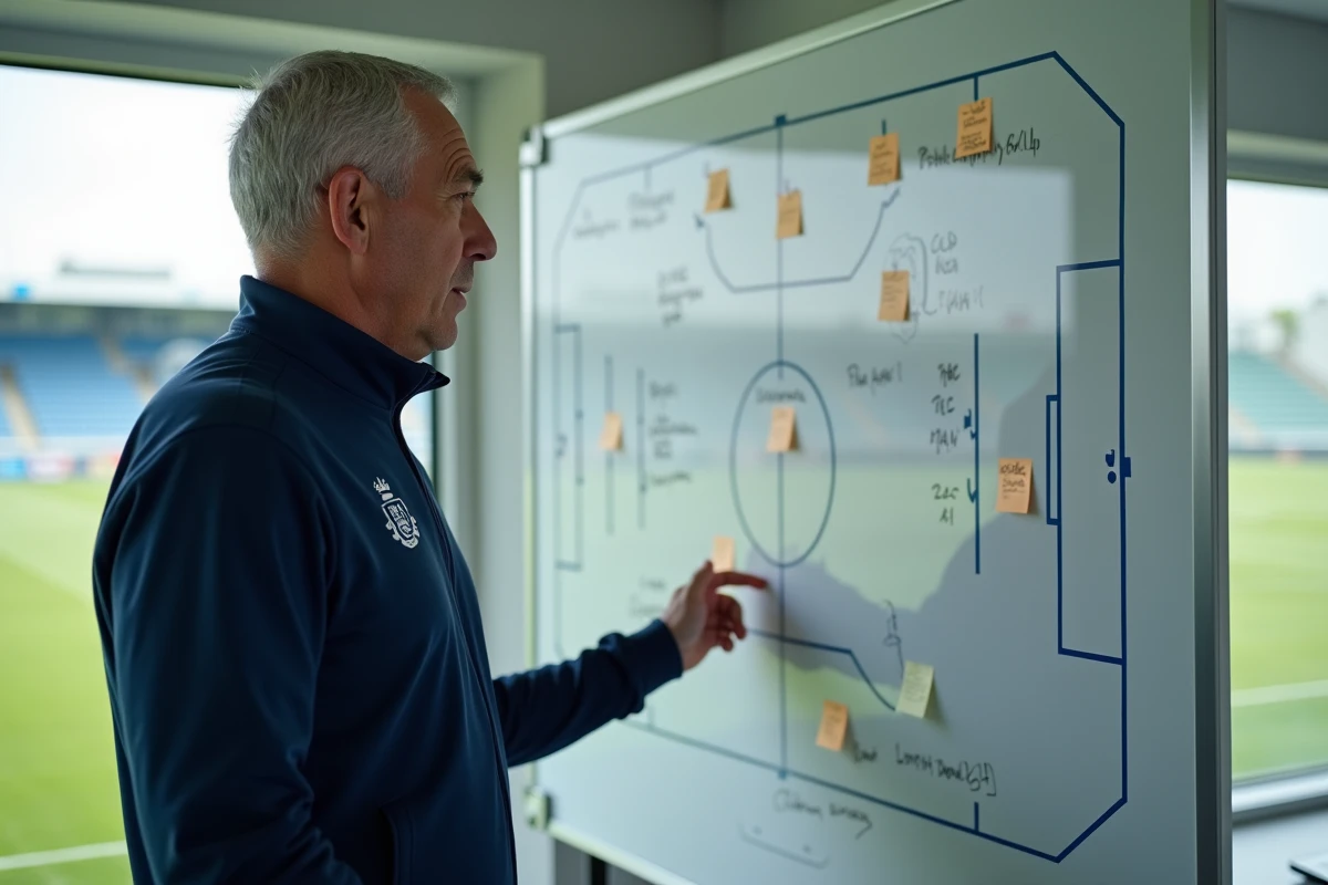 Entraîneur du PSG analysant les contrats de joueurs sur un tableau tactique en 2026