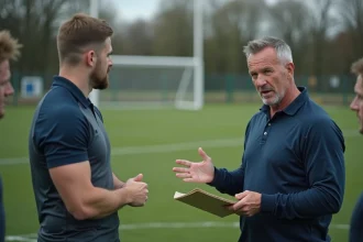 Entraîneur de rugby amateur présentant une tactique à ses joueurs lors d'un entraînement dans un club de division régionale en France