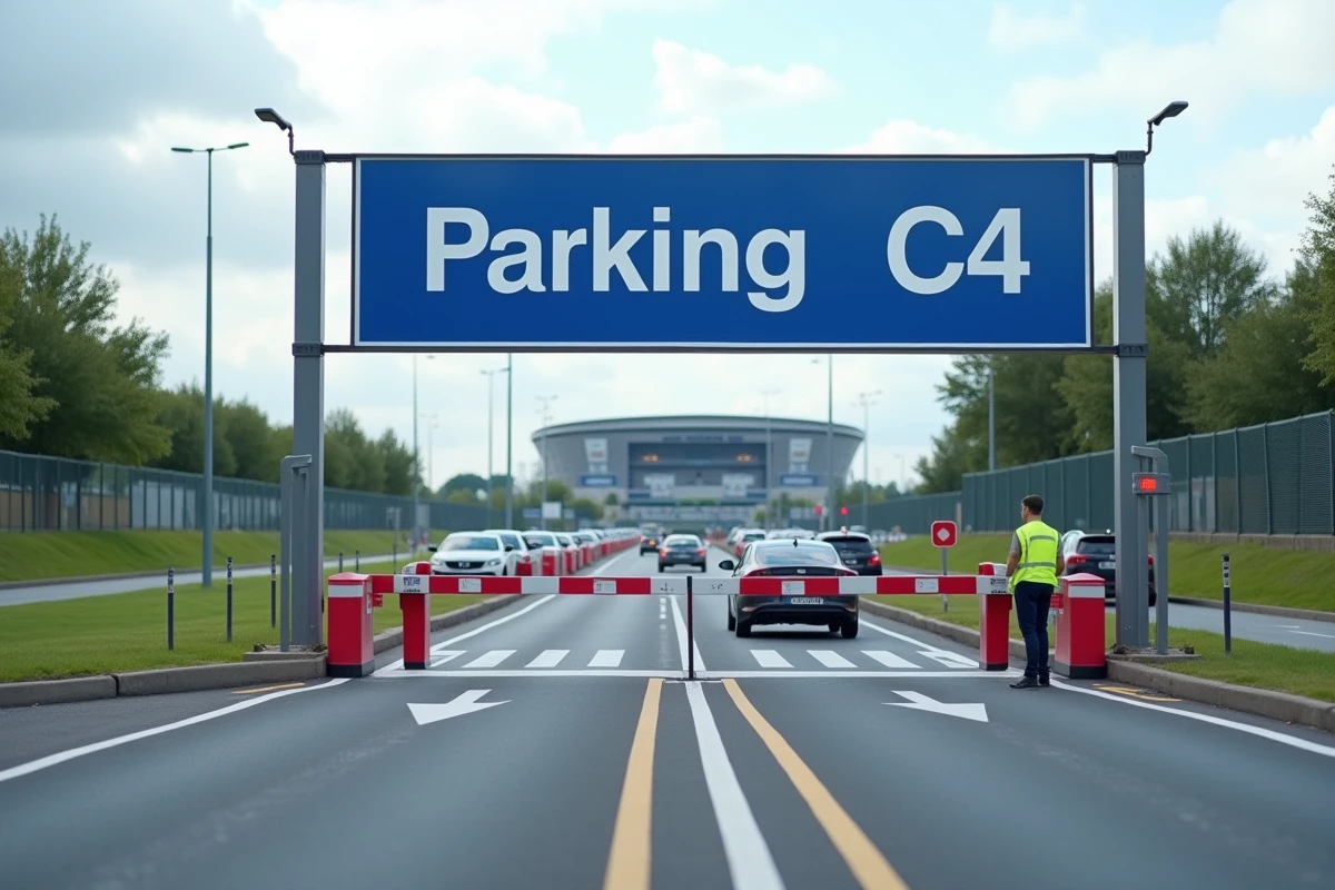 Panneau d'entrée du Parking C4 avec barrière et agent de sécurité en gilet jaune, voitures en file d'attente pour accéder au stationnement du Stade Pierre Mauroy