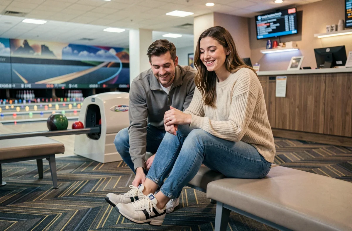 Deux amis enfilant leurs chaussures de bowling à l'entrée du Planet Bowling de Lomme