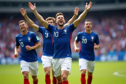 Équipe de football française célébrant victoire sur le terrain