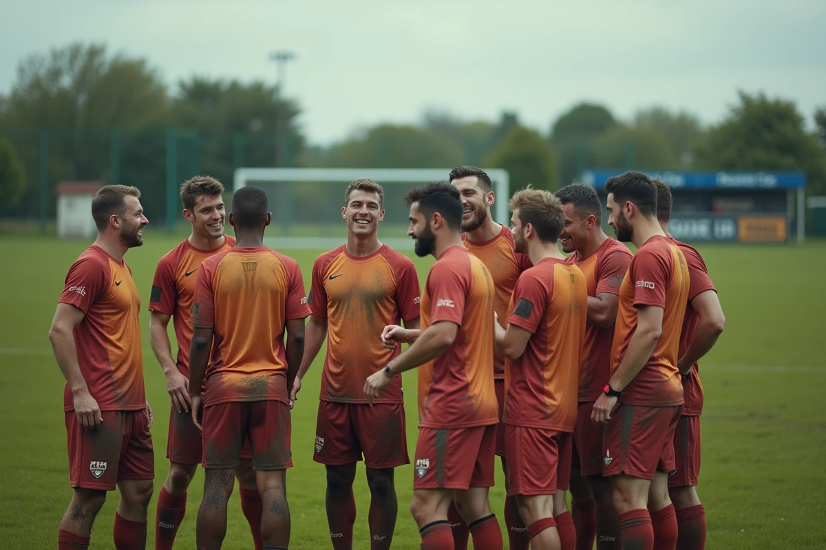 Équipe de footballeurs seniors amateurs en fin de match dans un stade de district en Haute-Garonne, tenues tachées de boue après une rencontre du championnat