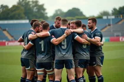 Groupe de joueurs rugby fédérale 3 après match sur le terrain