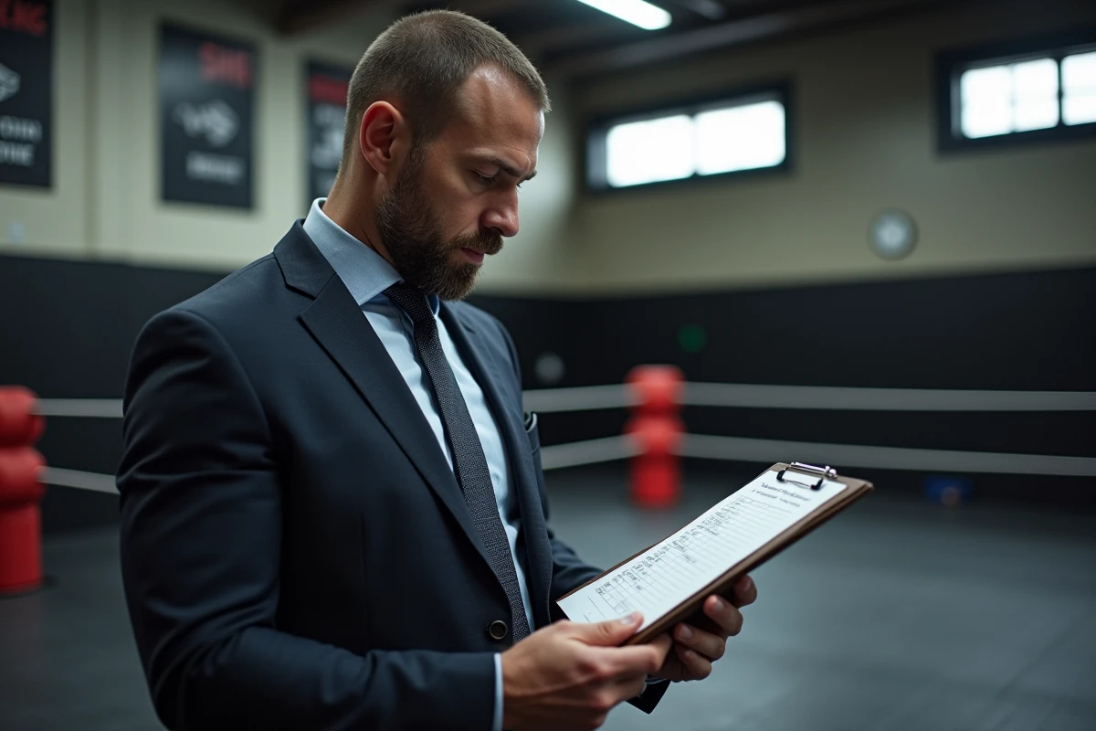 Executif lisant la fiche de roster dans une salle d entraînement
