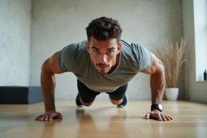 Jeune homme réalisant un pompe parfaitement exécuté sur un tapis de sol dans une salle de sport minimaliste, exercice de callisthénie débutant