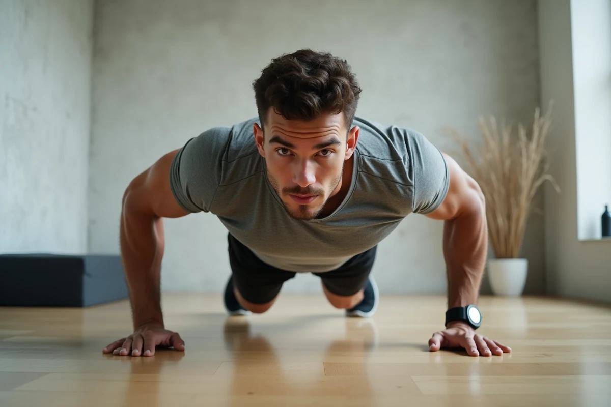 Jeune homme réalisant un pompe parfaitement exécuté sur un tapis de sol dans une salle de sport minimaliste, exercice de callisthénie débutant