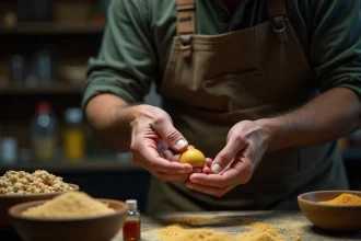 Pêcheur expérimenté en train de rouler des bouillettes maison sur un établi en bois avec des ingrédients de fabrication visibles