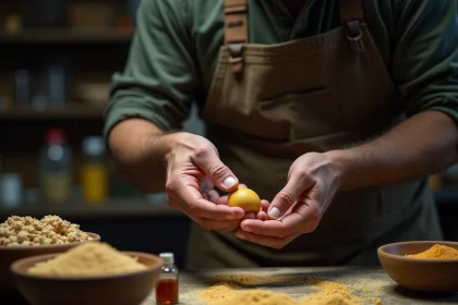 Pêcheur expérimenté en train de rouler des bouillettes maison sur un établi en bois avec des ingrédients de fabrication visibles