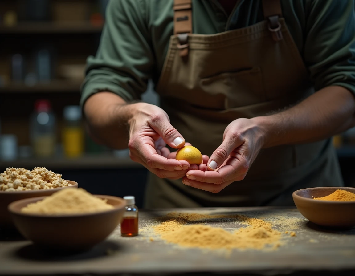 Pêcheur expérimenté en train de rouler des bouillettes maison sur un établi en bois avec des ingrédients de fabrication visibles