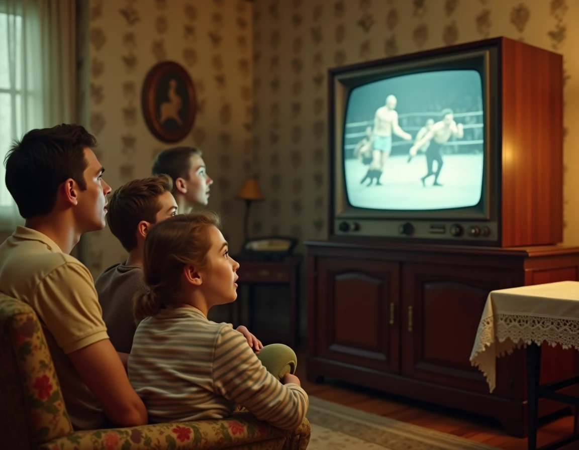 Famille française réunie devant un téléviseur à meuble en bois dans les années 1950 pour regarder un match de catch retransmis à la télévision
