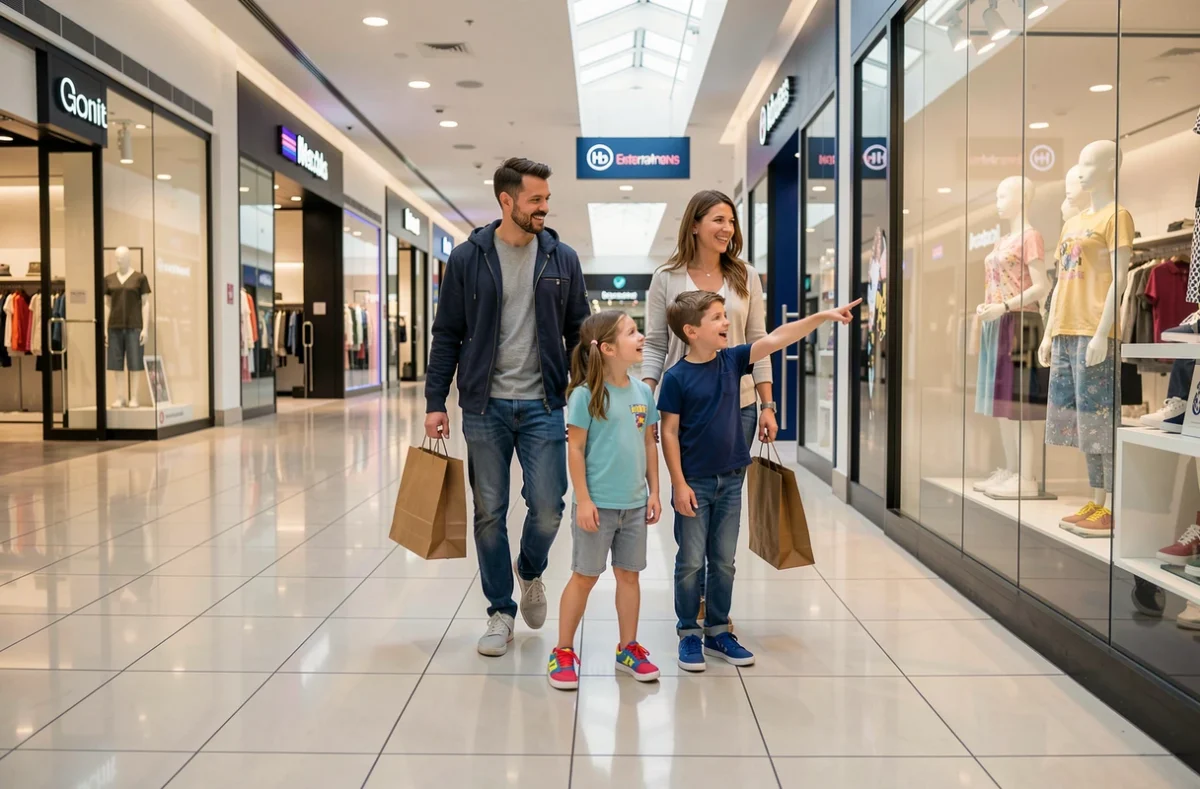 Famille faisant du shopping dans un centre commercial proche du Planet Bowling de Lomme