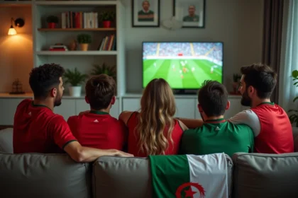 Fans algériens regardant un match dans un salon convivial