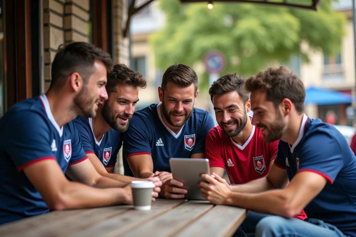 Fans de rugby regardant une tablette lors d'un match
