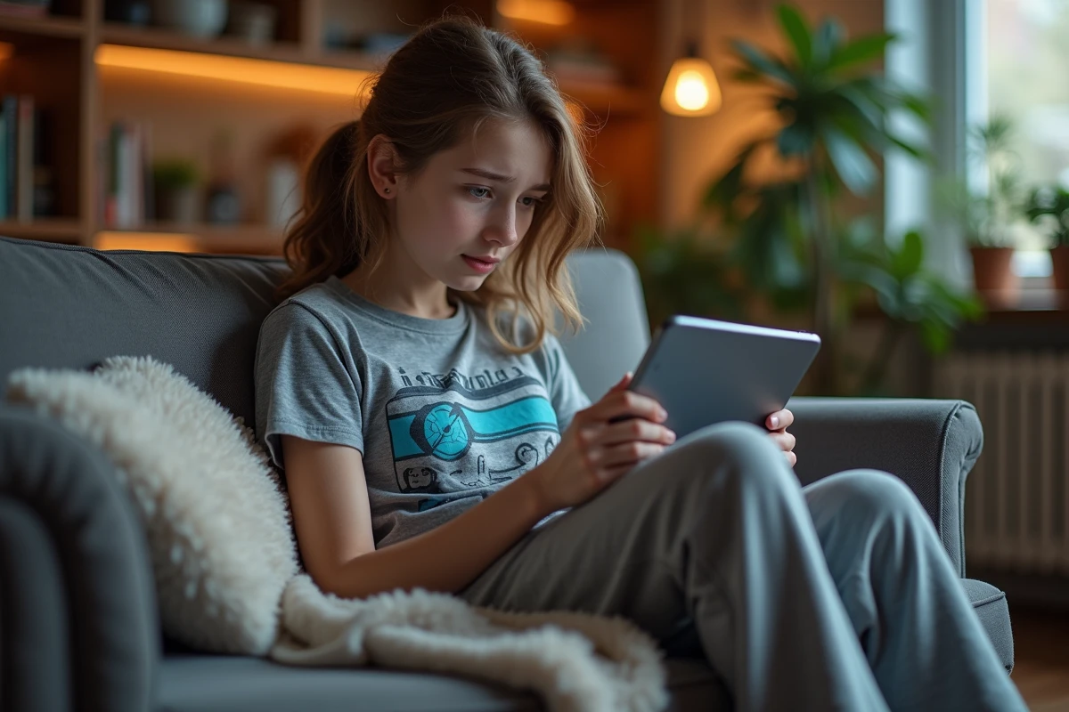 Jeune femme étudiant des statistiques de jeux sur sa tablette