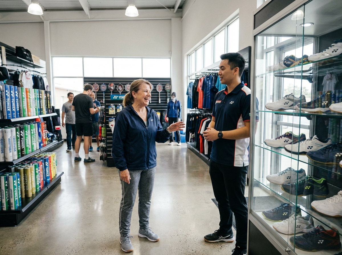 Femme souriante discute avec un vendeur près d une étagère de chaussures de badminton