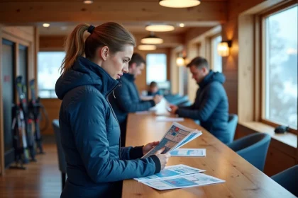 Femme en veste de ski comparant les forfaits Tignes au guichet d'une station alpine